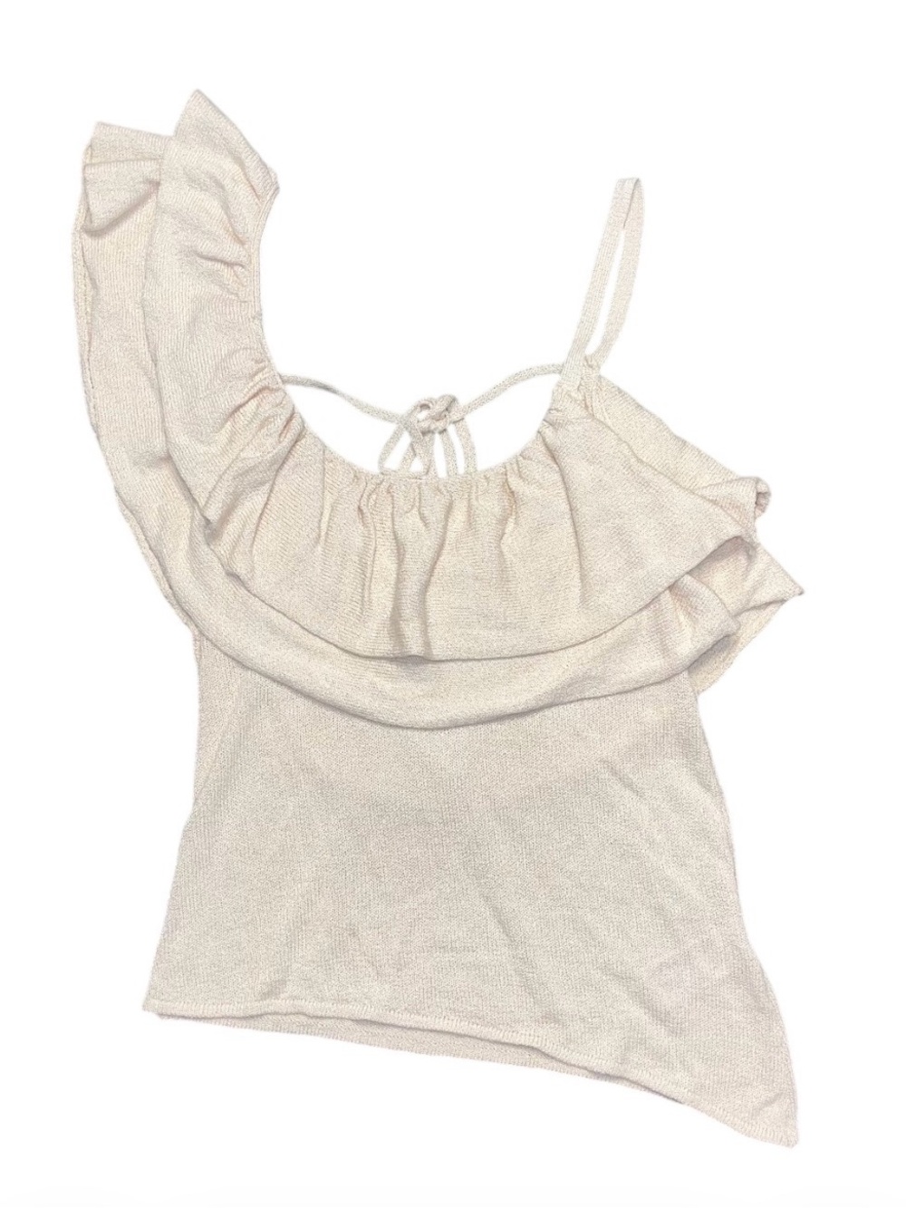 Zara Cream Knit Asymmetrical Ruffle Blouse Top NWT Small Tie Back